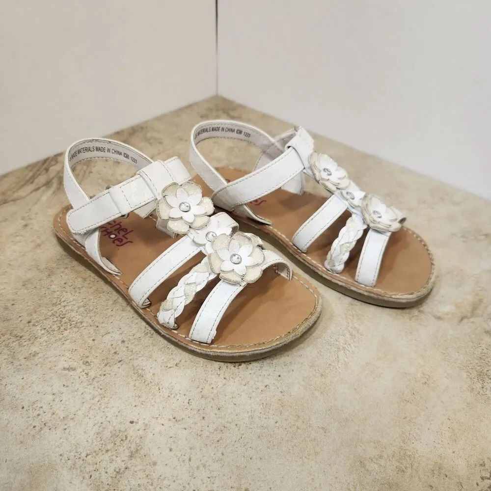 Rachel Shoes Girls US 10M White Strappy Sandals Flower Braided Hook & Loop